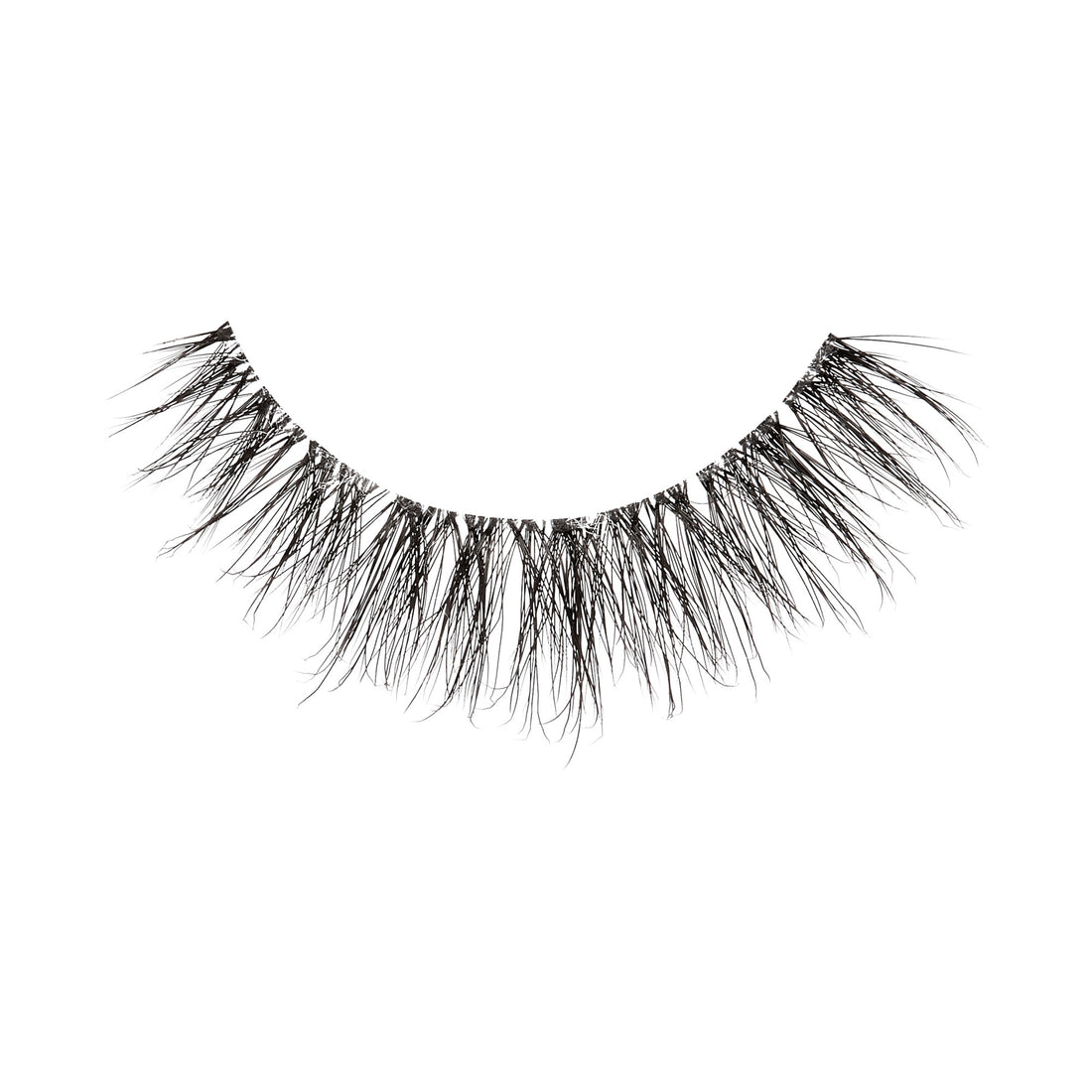 A single false lash strip against a white background. Lashes look like faux mink with a smokey eye effect. Lashes are &