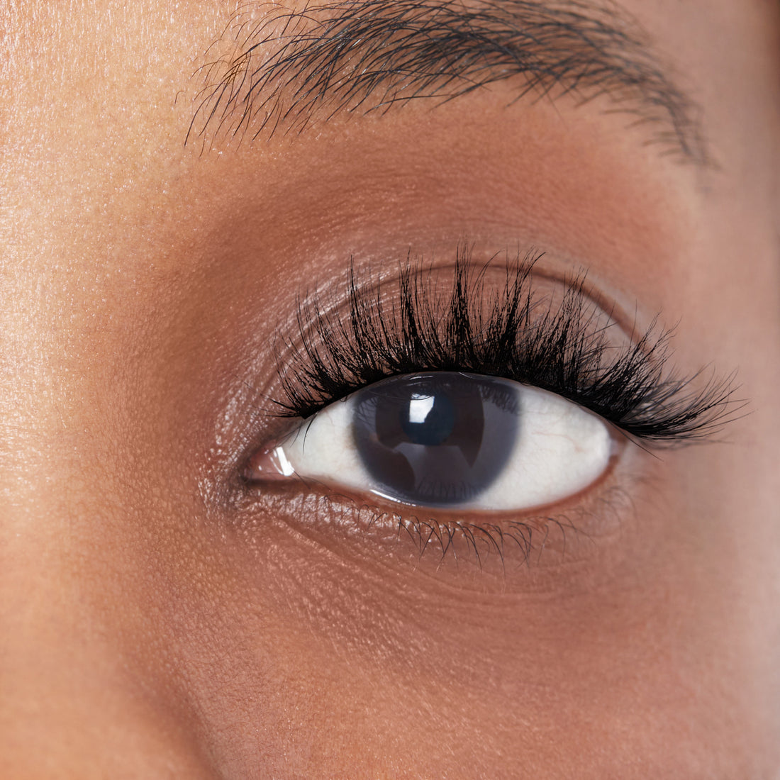 Close-up of a person modeling faux mink lashes that are full  and plush. Lashes are KISS Lash Couture in &