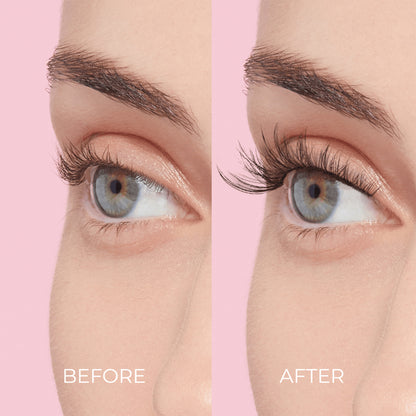 Side by side comparison showing before and after wearing press on lashes from imPRESS &