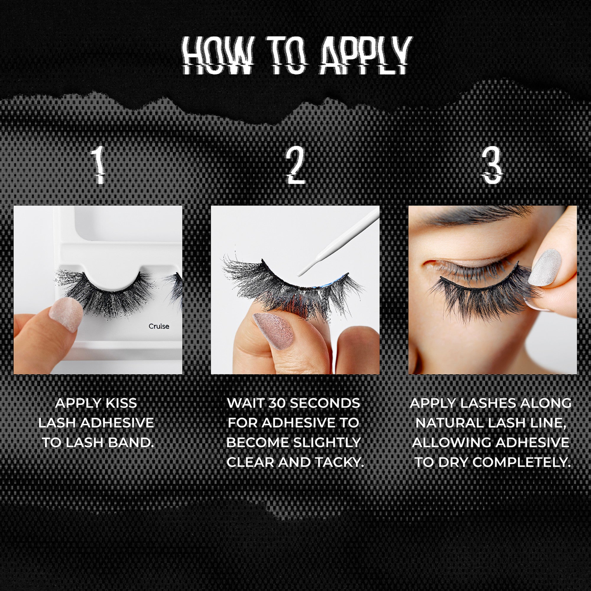 3 images with text describing the easy steps to apply KISS Rebel lashes in &