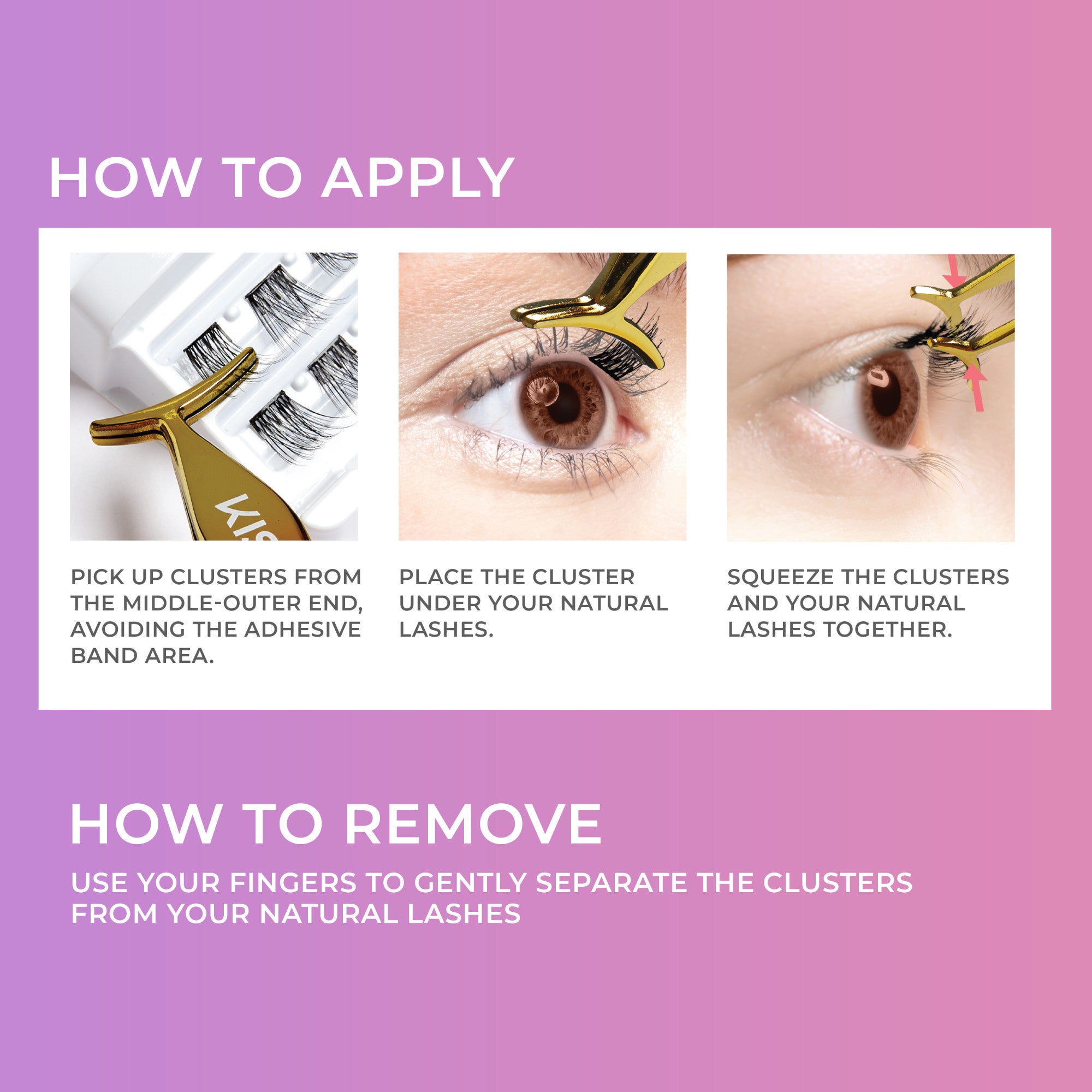 3 images with text describing the simple steps to apply press-on lashes from &