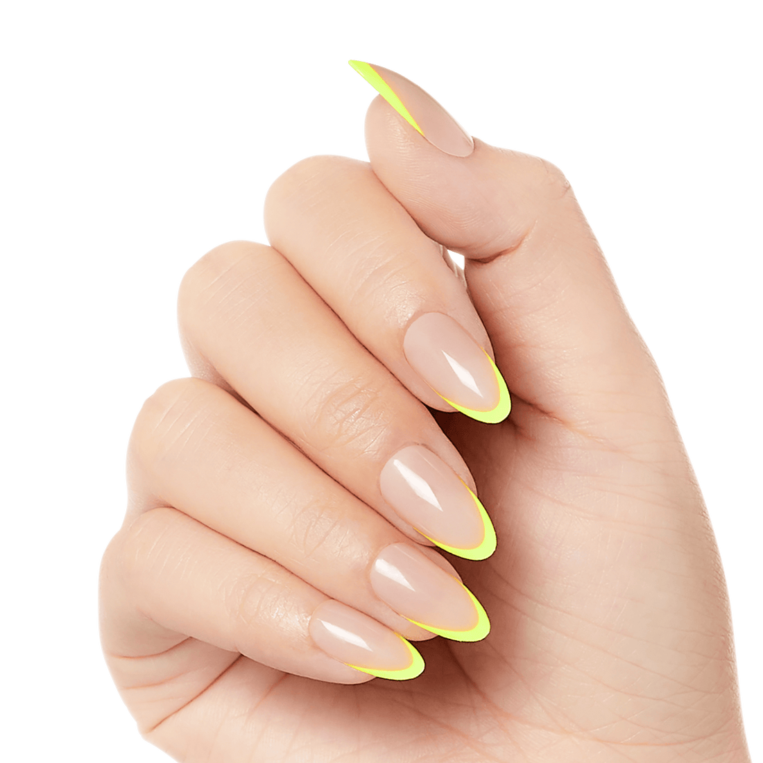 Close-up o fa hand modeling medium, almond shaped nails with yellow, French tip design. Nails are KISS Salon Acrylic French Color nails in &