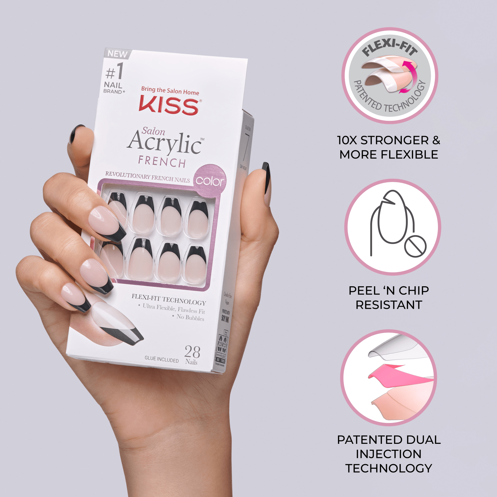 A box of KISS Salon Acrylic French Color nails with text describing 3 key features of the nails in &