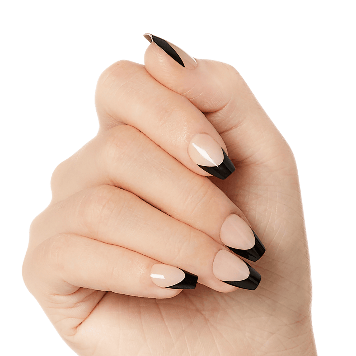 A hand modeling short, coffin shaped nails in black colored french nail design. Nails are &